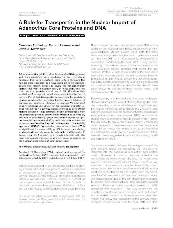 A role for transportin in the nuclear import of adenovirus core proteins and DNA Thumbnail