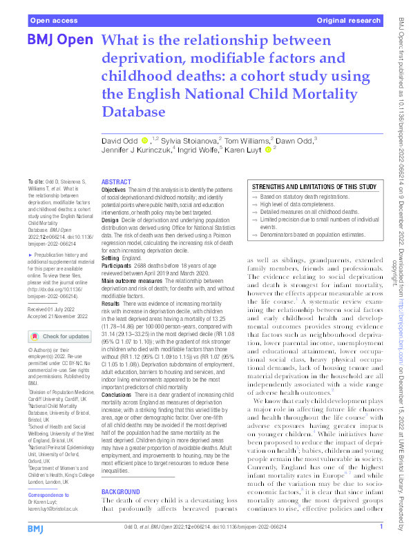 What is the relationship between deprivation, modifiable factors and childhood deaths: A cohort study using the English National Child Mortality Database Thumbnail