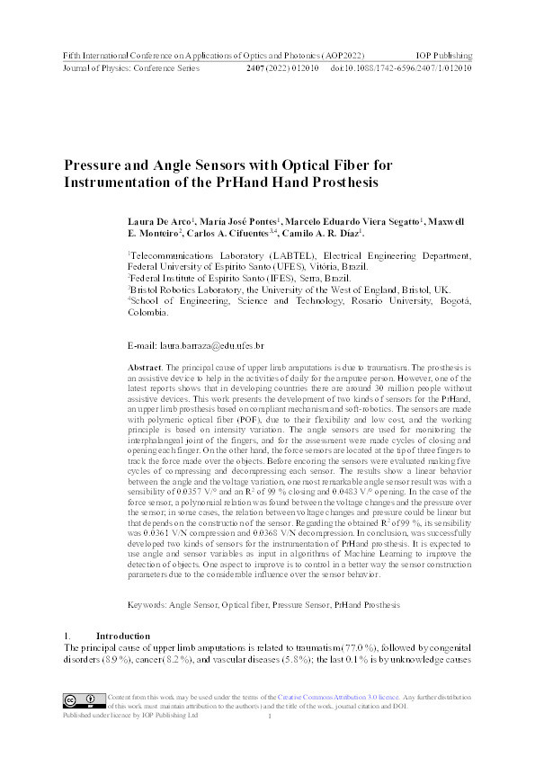 Pressure and angle sensors with optical fiber for instrumentation of the PrHand hand prosthesis Thumbnail