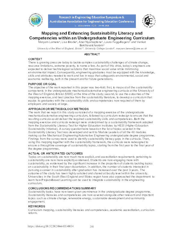 Mapping and enhancing sustainability literacy and competencies within an undergraduate engineering curriculum Thumbnail