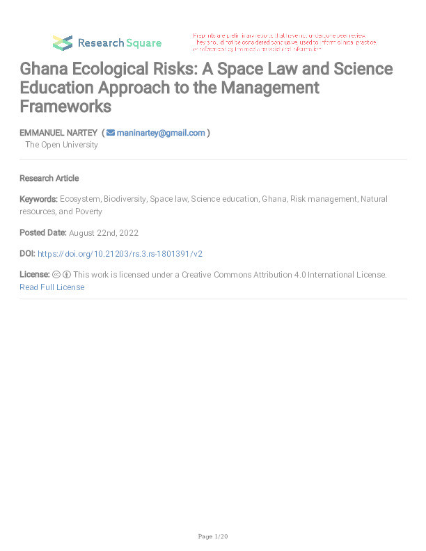 Ghana ecological risks: A space law and science education approach to the management frameworks Thumbnail
