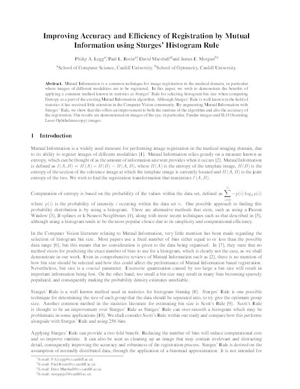 Improving accuracy and efficiency of registration by mutual information using Sturges’ Histogram Rule Thumbnail