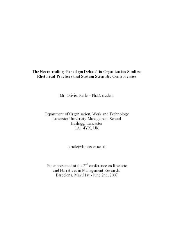 The never-ending ‘paradigm debate’ in Organisation Studies:
Rhetorical practices that sustain scientific controversies Thumbnail