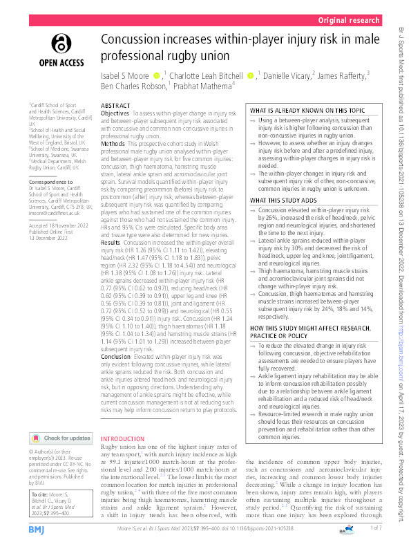 Concussion increases within-player injury risk in male professional rugby union Thumbnail