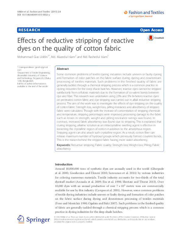 Effects of reductive stripping of reactive dyes on the quality of cotton fabric Thumbnail