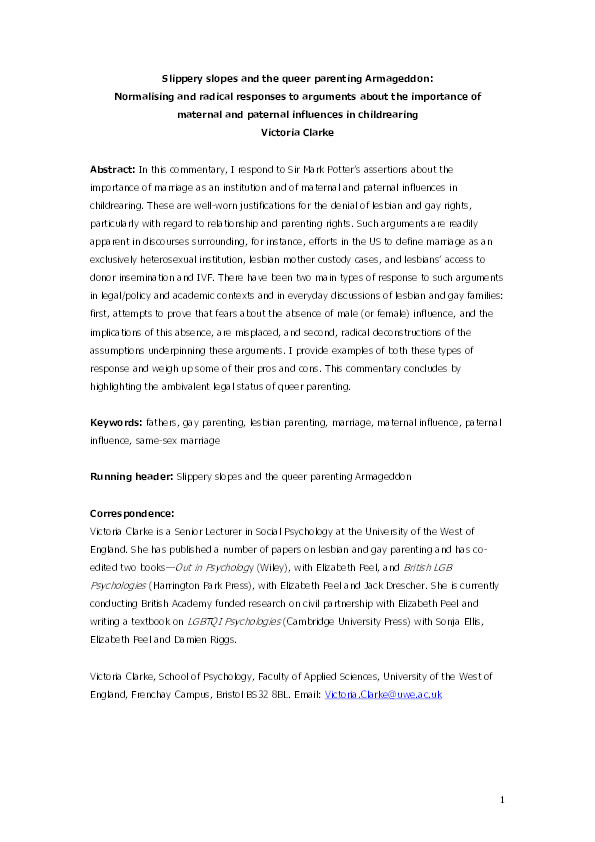 Slippery slopes and the queer parenting Armageddon: normalising and radical responses to arguments about the importance of maternal and paternal influences in childrearing Thumbnail