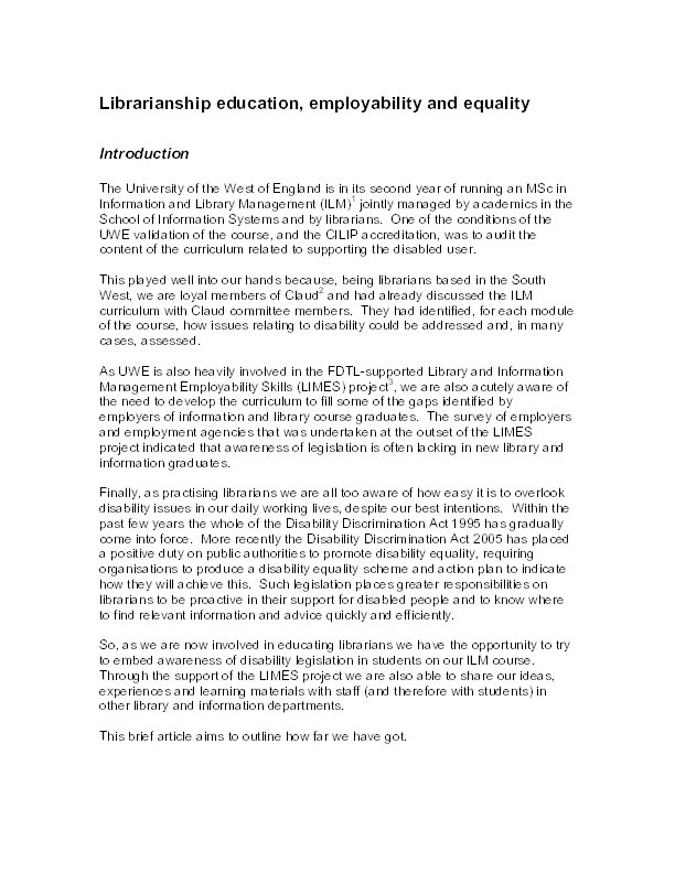 Librarianship education, employability and equality Thumbnail