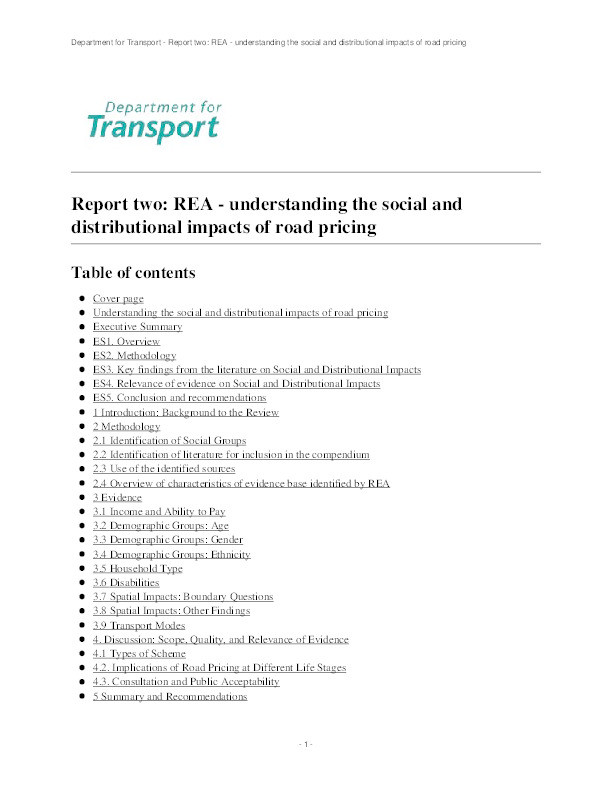 Rapid evidence assessment: Understanding the distributional impacts of road pricing Thumbnail