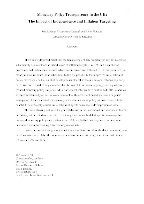 Monetary policy transparency in the UK: The impact of independence and inflation targeting Thumbnail