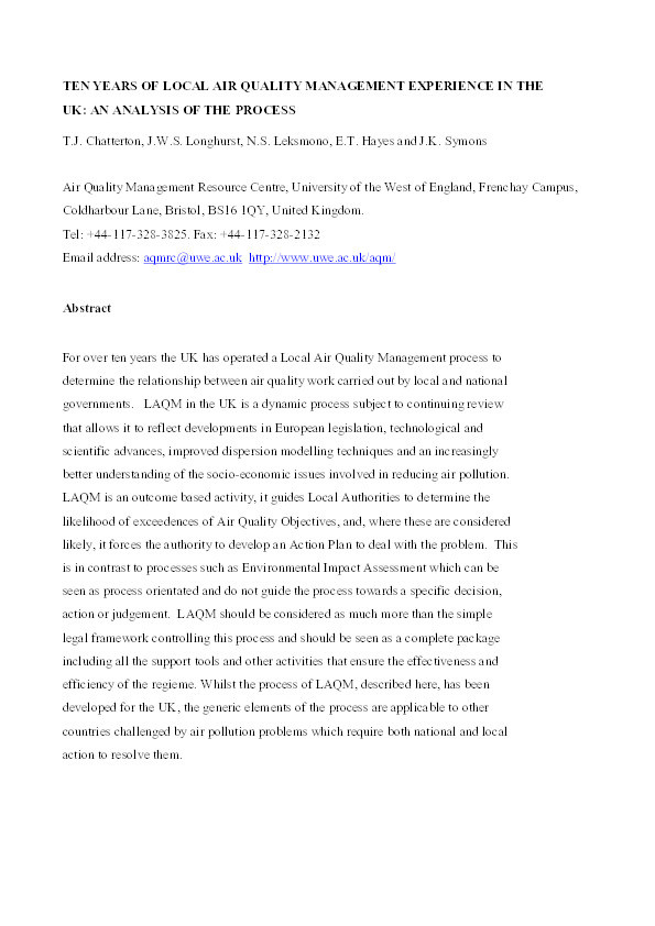 Ten years of Local Air Quality Management experience in the UK: An analysis of the process Thumbnail