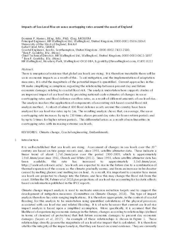 Impacts of sea level rise on wave overtopping rates around the coast of England Thumbnail