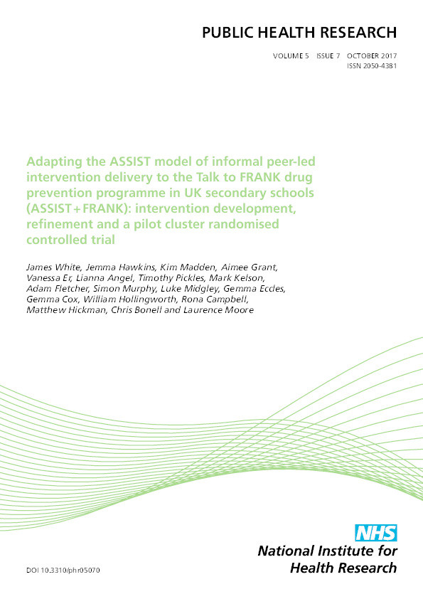 Adapting the ASSIST model of informal peer-led intervention delivery to the Talk to FRANK drug prevention programme in UK secondary schools (ASSIST + FRANK): intervention development, refinement and a pilot cluster randomised controlled trial Thumbnail