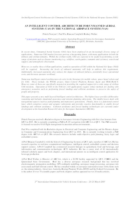 An intelligent control architecture for unmanned aerial systems (UAS) in the National Airspace System (NAS) Thumbnail