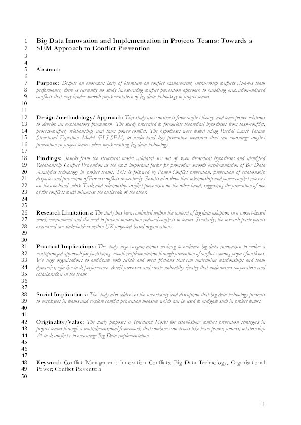 Big data innovation and implementation in projects teams: Towards a SEM approach to conflict prevention Thumbnail