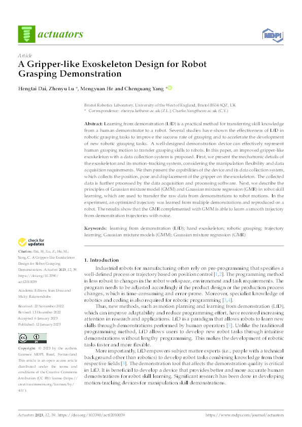 A gripper-like exoskeleton design for robot grasping demonstration Thumbnail