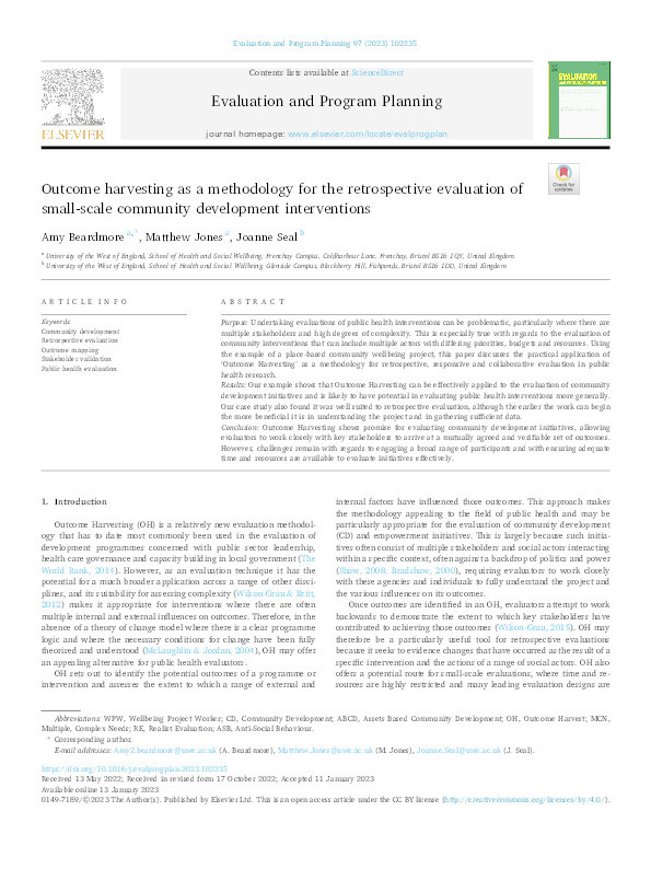 Outcome harvesting as a methodology for the retrospective evaluation of small-scale community development interventions Thumbnail