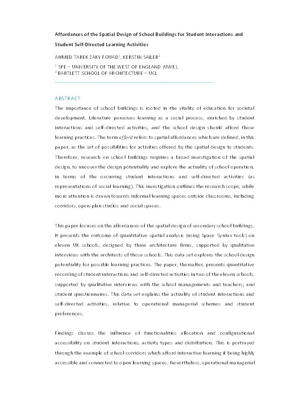 Affordances of the spatial design of school buildings for student interactions and student self-directed learning activities Thumbnail