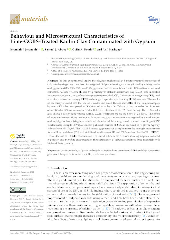 Behaviour and microstructural characteristics of lime-GGBS-treated kaolin clay contaminated with gypsum Thumbnail