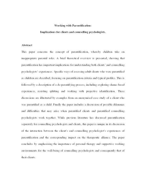 Working with parentification: Implications for clients and counselling psychologists Thumbnail