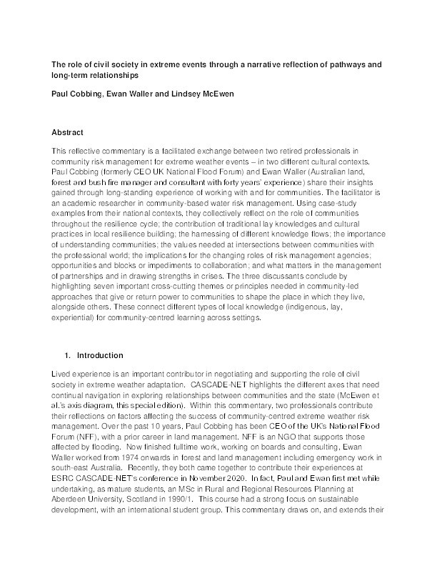 The role of civil society in extreme events through a narrative reflection of pathways and long-term relationships Thumbnail