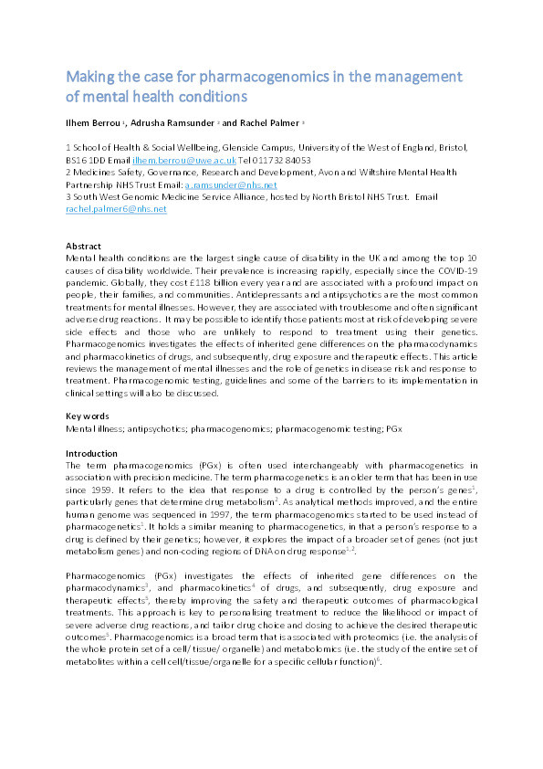 Making the case for pharmacogenomics in the management of mental health conditions Thumbnail