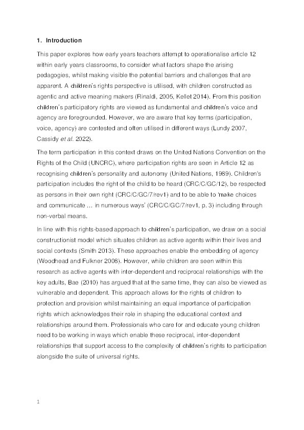 Can you hear me? Problematising the enactment of UNCRC Article 12 in Welsh early years classrooms, exploring the challenges of ‘children’s voice’ Thumbnail