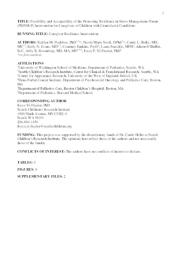 Feasibility and acceptability of the promoting resilience in stress management-parent (PRISM-P) intervention for caregivers of children with craniofacial conditions Thumbnail