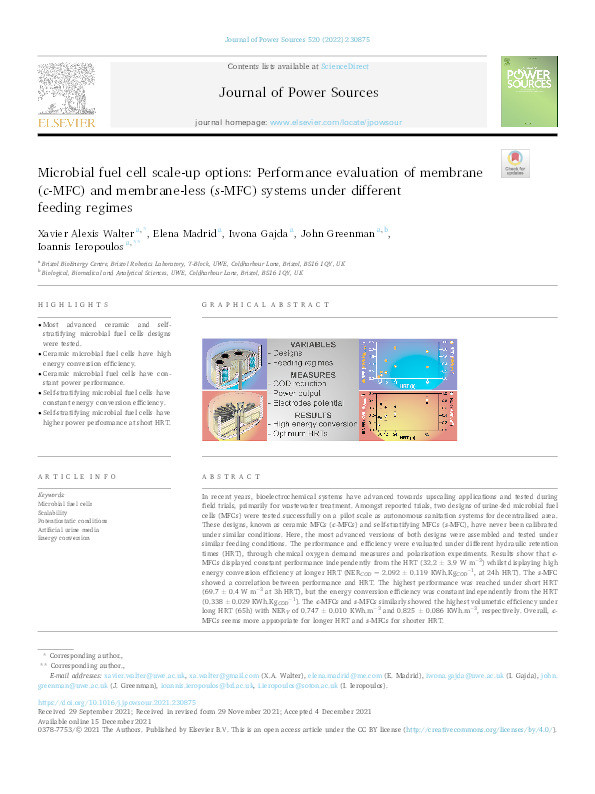 Microbial fuel cell scale-up options: Performance evaluation of membrane (c-MFC) and membrane-less (s-MFC) systems under different feeding regimes Thumbnail