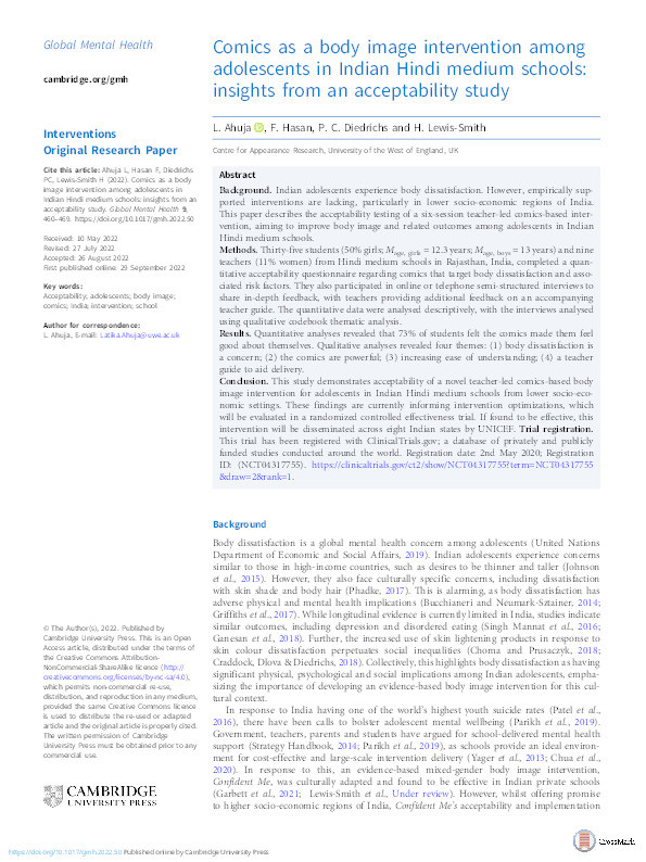 Comics as a body image intervention among adolescents in Indian Hindi medium schools: insights from an acceptability study. Thumbnail