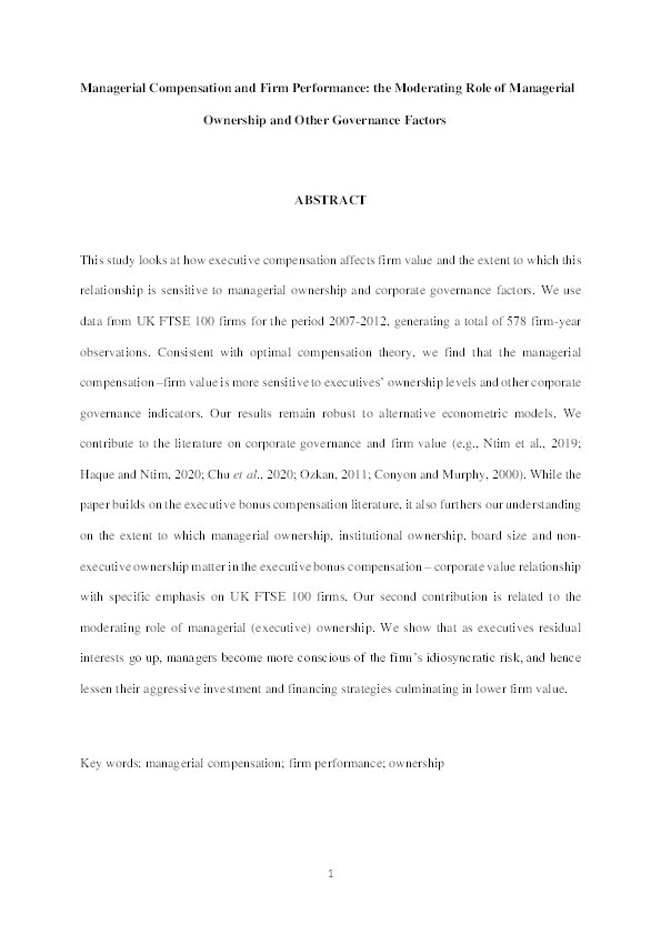 Managerial compensation and firm performance: The moderating role of managerial ownership and other governance factors Thumbnail