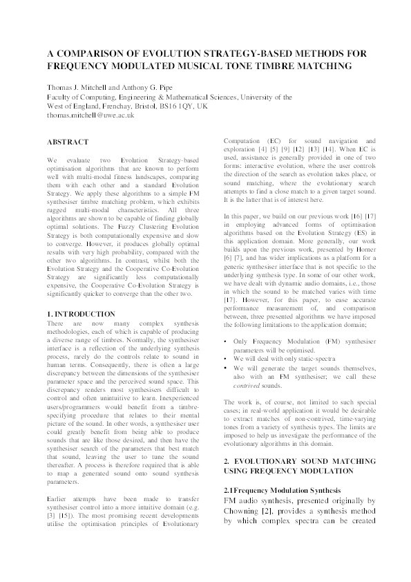 A comparison of evolution-strategy based methods for frequency modulated musical tone timbre matching Thumbnail