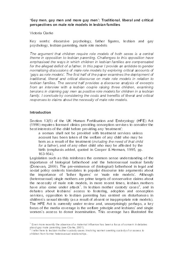 ‘Gay men, gay men and more gay men’: traditional, liberal and critical perspectives on male role models in lesbian families Thumbnail