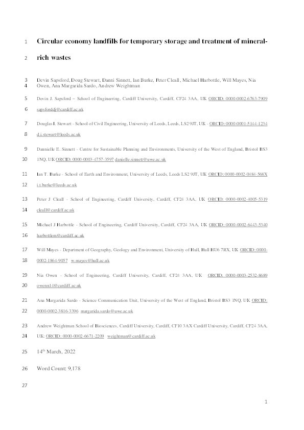 Circular economy landfills for temporary storage and treatment of mineral-rich wastes Thumbnail
