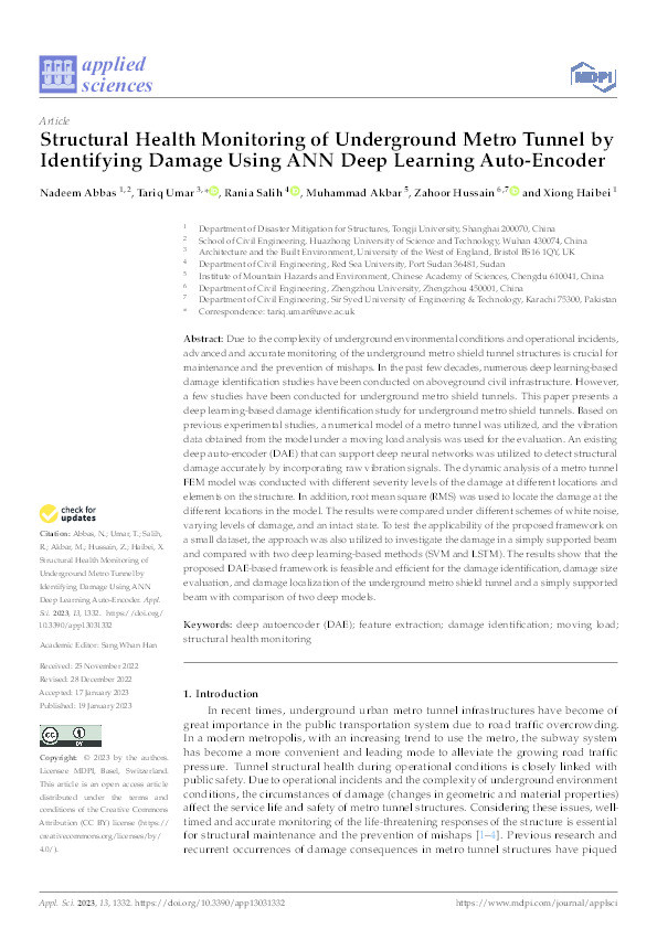 Structural health monitoring of underground metro tunnel by identifying damage using ANN deep learning auto-encoder Thumbnail