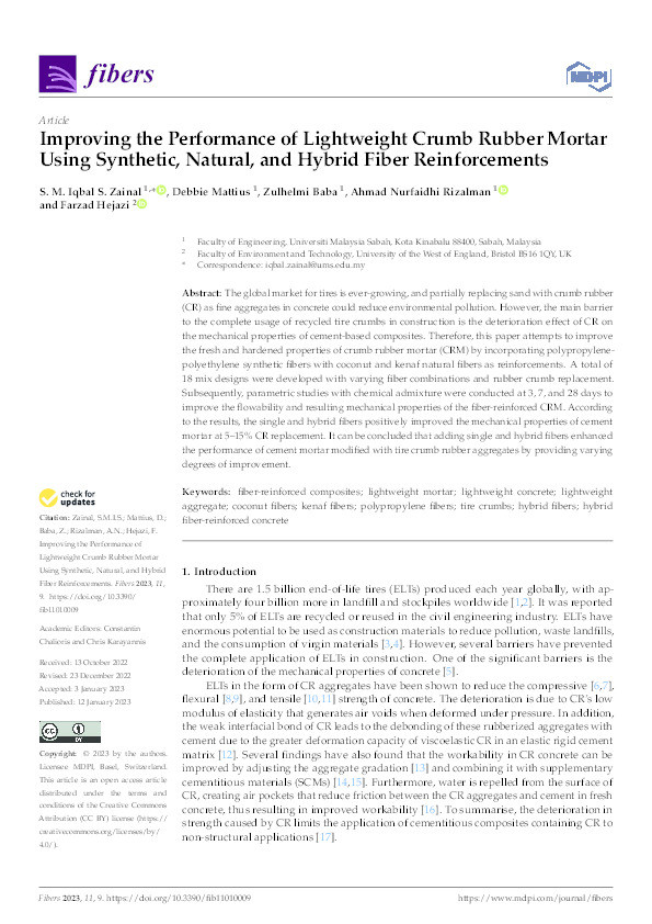 Improving the performance of lightweight crumb rubber mortar using synthetic, natural, and hybrid fiber reinforcements Thumbnail
