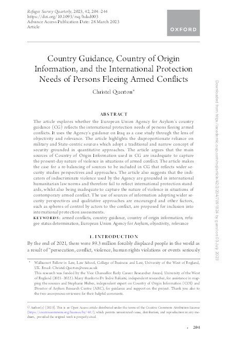 Country guidance, country of origin information and the international protection needs of persons fleeing armed conflicts Thumbnail