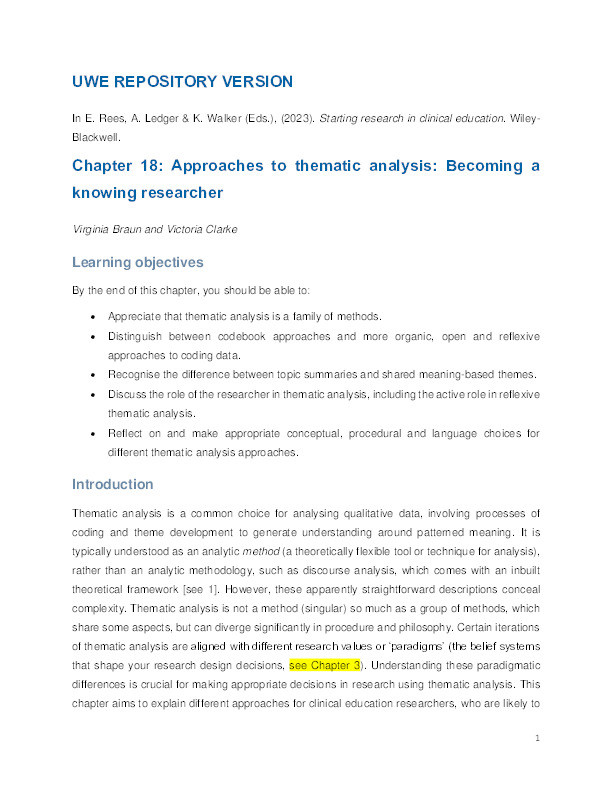 Approaches to thematic analysis: Becoming a knowing researcher Thumbnail