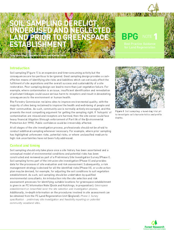 Best Practice Guidance for Land Regeneration Note 1: Soil sampling derelict, underused and neglected land prior to greenspace establishment Thumbnail