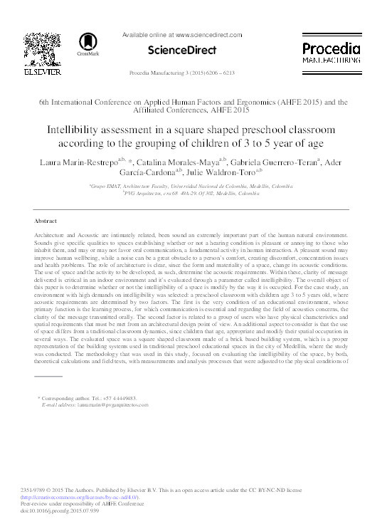 Intellibility assessment in a square shaped preschool classroom according to the grouping of children of 3 to 5 year of age Thumbnail