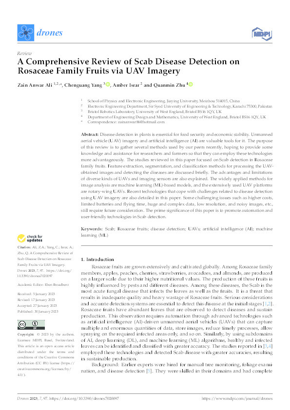 A comprehensive review of scab disease detection on Rosaceae family fruits via UAV imagery Thumbnail