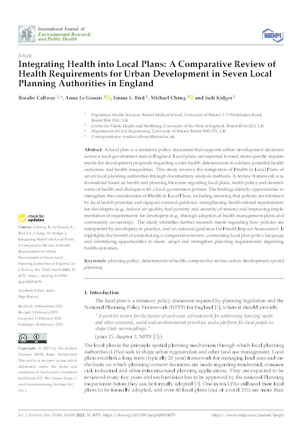 Integrating health into local plans: A comparative review of health requirements for urban development in seven local planning authorities in England Thumbnail