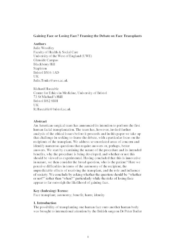 Gaining face or losing face? Framing the debate on face transplants Thumbnail