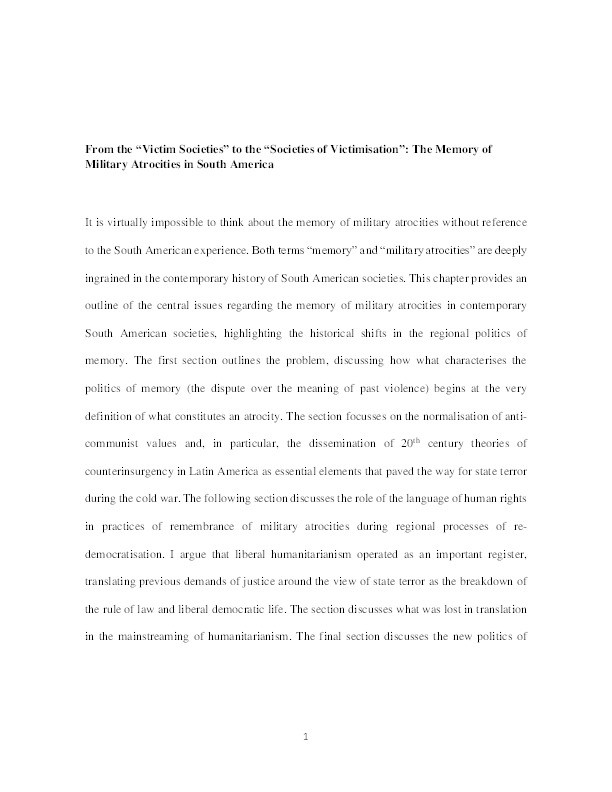 From the ‘victim societies’ to the ‘societies of victimisation’: The memory of military atrocities in South America Thumbnail