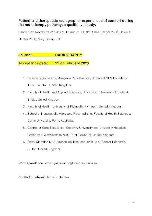 Patient and therapeutic radiographer experiences of comfort during the radiotherapy pathway: A qualitative study Thumbnail