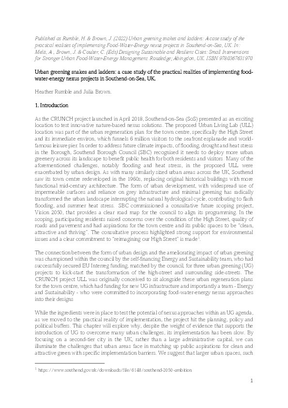 Urban greening snakes and ladders: A case study of the practical realities of implementing food-water-energy nexus projects in Southend-on-Sea, UK Thumbnail