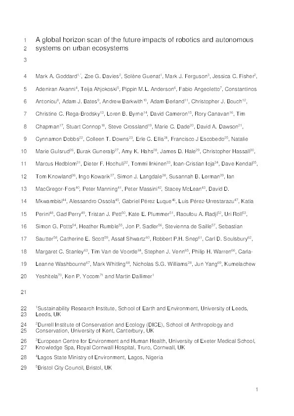 A global horizon scan of the future impacts of robotics and autonomous systems on urban ecosystems Thumbnail