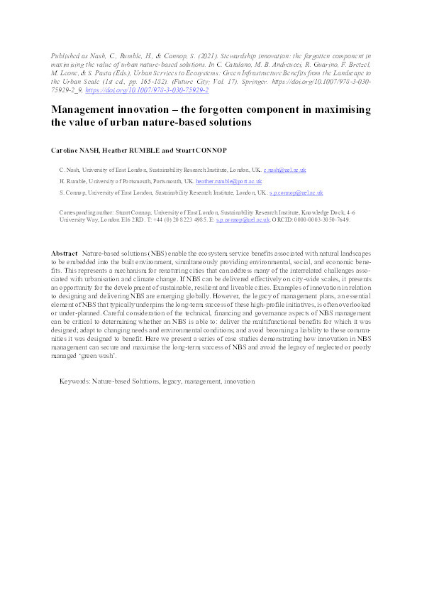 Stewardship innovation: The forgotten component in maximising the value of urban nature-based solutions Thumbnail