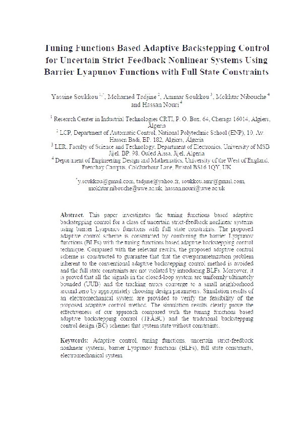 Tuning functions based adaptive backstepping control for uncertain strict-feedback nonlinear systems using barrier Lyapunov functions with full state constraints Thumbnail