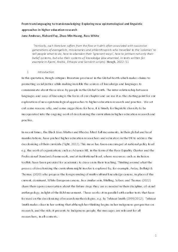 From translanguaging to transknowledging: Exploring new epistemological and linguistic approaches in higher education research Thumbnail