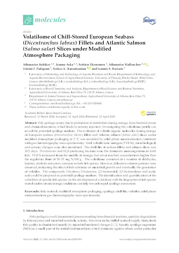Volatilome of chill-stored European Seabass (Dicentrarchus labrax) fillets and Atlantic Salmon (Salmo salar) slices under modified atmosphere packaging Thumbnail